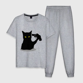 Мужская пижама хлопок с принтом Black Cat Shooter , 100% хлопок | брюки и футболка прямого кроя, без карманов, на брюках мягкая резинка на поясе и по низу штанин
 | кот | кошка | кошка с пистолетом | кошки | пистолет | револьвер | черная кошка