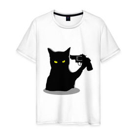 Мужская футболка хлопок с принтом Black Cat Shooter , 100% хлопок | прямой крой, круглый вырез горловины, длина до линии бедер, слегка спущенное плечо. | кот | кошка | кошка с пистолетом | кошки | пистолет | револьвер | черная кошка