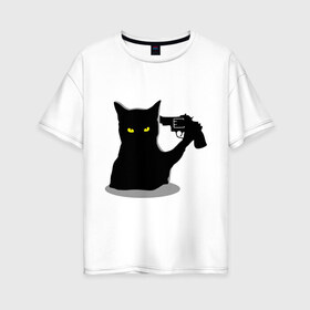 Женская футболка хлопок Oversize с принтом Black Cat Shooter , 100% хлопок | свободный крой, круглый ворот, спущенный рукав, длина до линии бедер
 | кот | кошка | кошка с пистолетом | кошки | пистолет | револьвер | черная кошка