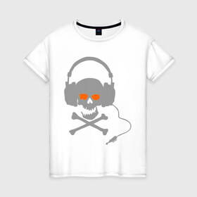 Женская футболка хлопок с принтом Электро-череп в наушниках , 100% хлопок | прямой крой, круглый вырез горловины, длина до линии бедер, слегка спущенное плечо | наушники | череп | череп  в наушниках | электро | электро череп | электромузыка | электронная музыка