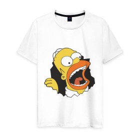 Мужская футболка хлопок с принтом Гомер Симпсон вылезает , 100% хлопок | прямой крой, круглый вырез горловины, длина до линии бедер, слегка спущенное плечо. | гомер