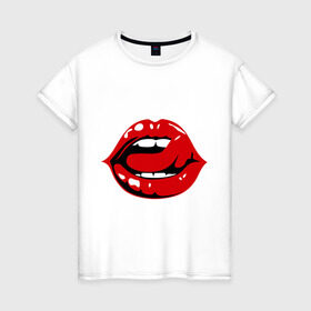 Женская футболка хлопок с принтом Губы и язык , 100% хлопок | прямой крой, круглый вырез горловины, длина до линии бедер, слегка спущенное плечо | 8 марта | губы | губы и язык | девушкам | женские губы | красная помада | красные губы | язык