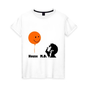 Женская футболка хлопок с принтом Доктор Хаус и воздушный шарик , 100% хлопок | прямой крой, круглый вырез горловины, длина до линии бедер, слегка спущенное плечо | house | house md | все врут | доктор хауз | доктор хаус | хаус | хью лори