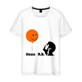 Мужская футболка хлопок с принтом Доктор Хаус и воздушный шарик , 100% хлопок | прямой крой, круглый вырез горловины, длина до линии бедер, слегка спущенное плечо. | house | house md | все врут | доктор хауз | доктор хаус | хаус | хью лори