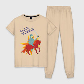 Женская пижама хлопок с принтом Бэндер - казак , 100% хлопок | брюки и футболка прямого кроя, без карманов, на брюках мягкая резинка на поясе и по низу штанин | bender | бендер | бэндер   казакfuturama | футурама