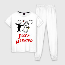 Женская пижама хлопок с принтом Just married , 100% хлопок | брюки и футболка прямого кроя, без карманов, на брюках мягкая резинка на поясе и по низу штанин | для молодоженов | молодожены | мы только что поженились | невеста | супружеская | только поженились