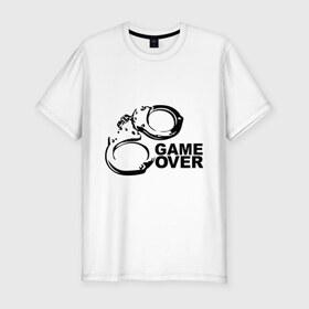 Мужская футболка премиум с принтом Game Over наручники , 92% хлопок, 8% лайкра | приталенный силуэт, круглый вырез ворота, длина до линии бедра, короткий рукав | game over | арест | арестовать | заключенный | игра окончена | милиция | наручники