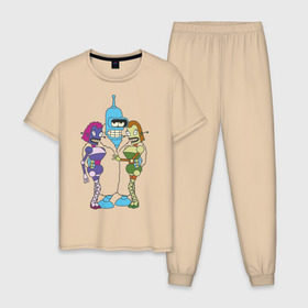 Мужская пижама хлопок с принтом Бендер с девочками , 100% хлопок | брюки и футболка прямого кроя, без карманов, на брюках мягкая резинка на поясе и по низу штанин
 | bender | futurama | бендер | футурама