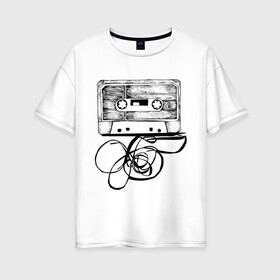 Женская футболка хлопок Oversize с принтом Размотанная кассета , 100% хлопок | свободный крой, круглый ворот, спущенный рукав, длина до линии бедер
 | Тематика изображения на принте: аудиокассета | дека | касеста | компакт кассета | музыка | размотанная кассета