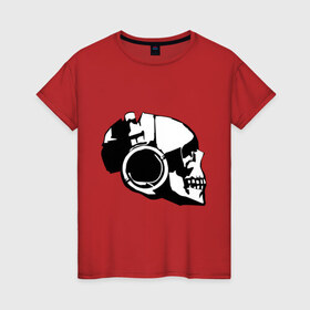 Женская футболка хлопок с принтом Череп в наушниках (3) , 100% хлопок | прямой крой, круглый вырез горловины, длина до линии бедер, слегка спущенное плечо | скелет