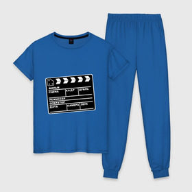 Женская пижама хлопок с принтом Кинохлопушка , 100% хлопок | брюки и футболка прямого кроя, без карманов, на брюках мягкая резинка на поясе и по низу штанин | камера | кино | мотор   экшенкинохлопушка | режиссер | съемки