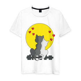 Мужская футболка хлопок с принтом Влюбленные кисы , 100% хлопок | прямой крой, круглый вырез горловины, длина до линии бедер, слегка спущенное плечо. | влюбленные коты | киса | кисы | коты | кошки | луна | любовь