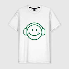 Мужская футболка премиум с принтом Смайл в наушниках , 92% хлопок, 8% лайкра | приталенный силуэт, круглый вырез ворота, длина до линии бедра, короткий рукав | smile | наушники | смайл | смайлик | улыбка