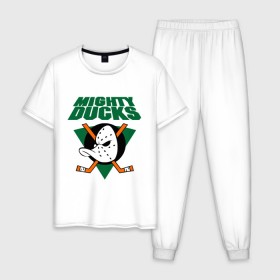 Мужская пижама хлопок с принтом Anaheim Mighty Ducks (2) , 100% хлопок | брюки и футболка прямого кроя, без карманов, на брюках мягкая резинка на поясе и по низу штанин
 | nhl | лига | национальная лига | нхл | хокей | хоккей | хоккейная лига