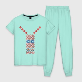Женская пижама хлопок с принтом Узор славянского сарафана , 100% хлопок | брюки и футболка прямого кроя, без карманов, на брюках мягкая резинка на поясе и по низу штанин | русь