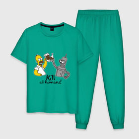 Мужская пижама хлопок с принтом Бендер пьет с Гомером , 100% хлопок | брюки и футболка прямого кроя, без карманов, на брюках мягкая резинка на поясе и по низу штанин
 | гомер