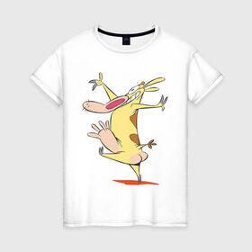 Женская футболка хлопок с принтом Корова танцует , 100% хлопок | прямой крой, круглый вырез горловины, длина до линии бедер, слегка спущенное плечо | cow and chicken | cow and chiken | корова