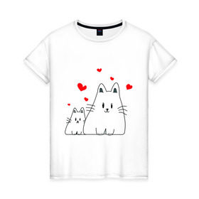 Женская футболка хлопок с принтом Кошачья любовь , 100% хлопок | прямой крой, круглый вырез горловины, длина до линии бедер, слегка спущенное плечо | коты | кошачья любовь | кошки | любовь | сердце | чувства