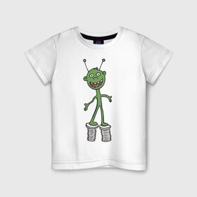 Детская футболка хлопок с принтом Инопланетянин на пружине , 100% хлопок | круглый вырез горловины, полуприлегающий силуэт, длина до линии бедер | гуманоид | инопланетянин | космос | летающая тарелка | нло | пришелец | пришельцы | смешной пришелец | ходули