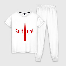 Женская пижама хлопок с принтом Suit Up. (Приоденься) , 100% хлопок | брюки и футболка прямого кроя, без карманов, на брюках мягкая резинка на поясе и по низу штанин | suit up | приоденься