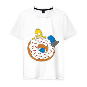 Мужская футболка хлопок с принтом Гомер ест пончик , 100% хлопок | прямой крой, круглый вырез горловины, длина до линии бедер, слегка спущенное плечо. | гомер