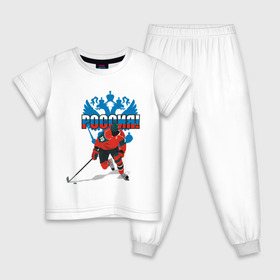 Детская пижама хлопок с принтом Россия(4) , 100% хлопок |  брюки и футболка прямого кроя, без карманов, на брюках мягкая резинка на поясе и по низу штанин
 | Тематика изображения на принте: национальная лига | нхл | россия | хокей | хоккей | хоккейная лига | хоккейный клуб