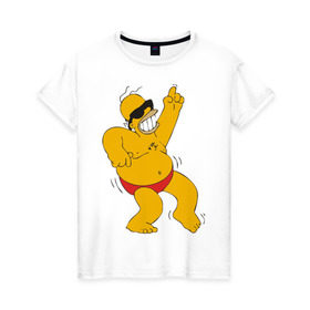 Женская футболка хлопок с принтом Гомер симпсон танцует , 100% хлопок | прямой крой, круглый вырез горловины, длина до линии бедер, слегка спущенное плечо | Тематика изображения на принте: гомер