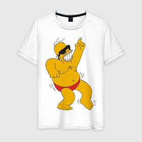 Мужская футболка хлопок с принтом Гомер симпсон танцует , 100% хлопок | прямой крой, круглый вырез горловины, длина до линии бедер, слегка спущенное плечо. | Тематика изображения на принте: гомер