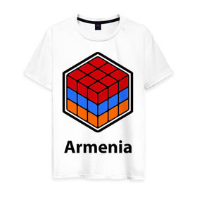 Мужская футболка хлопок с принтом Кубик – Армения , 100% хлопок | прямой крой, круглый вырез горловины, длина до линии бедер, слегка спущенное плечо. | Тематика изображения на принте: армения | армяне | армянин | ереван | кубик | кубик рубик | флаг | флаг армении в магическом кубике.armenia