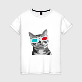Женская футболка хлопок с принтом Кот в стереоочках , 100% хлопок | прямой крой, круглый вырез горловины, длина до линии бедер, слегка спущенное плечо | Тематика изображения на принте: анаглифы | кот | коты | кошки | стерео очки