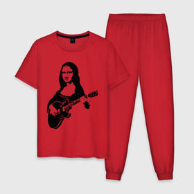 Мужская пижама хлопок с принтом Мона лиза с гитарой , 100% хлопок | брюки и футболка прямого кроя, без карманов, на брюках мягкая резинка на поясе и по низу штанин
 | Тематика изображения на принте: гитара
