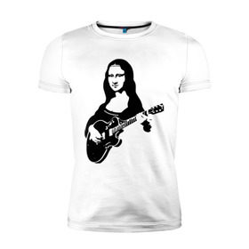 Мужская футболка премиум с принтом Мона лиза с гитарой , 92% хлопок, 8% лайкра | приталенный силуэт, круглый вырез ворота, длина до линии бедра, короткий рукав | Тематика изображения на принте: гитара