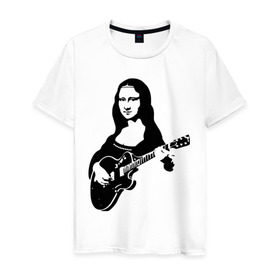 Мужская футболка хлопок с принтом Мона лиза с гитарой , 100% хлопок | прямой крой, круглый вырез горловины, длина до линии бедер, слегка спущенное плечо. | гитара