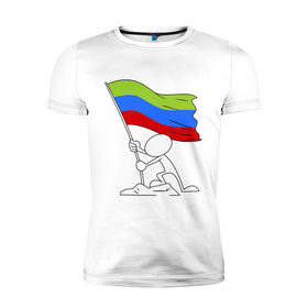 Мужская футболка премиум с принтом Дагестан (человек с флагом) , 92% хлопок, 8% лайкра | приталенный силуэт, круглый вырез ворота, длина до линии бедра, короткий рукав | 05 регион | даг | дагестан | даги | кавказ | кавказский | кавказцы | флаг
