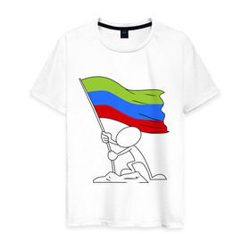 Мужская футболка хлопок с принтом Дагестан (человек с флагом) , 100% хлопок | прямой крой, круглый вырез горловины, длина до линии бедер, слегка спущенное плечо. | 05 регион | даг | дагестан | даги | кавказ | кавказский | кавказцы | флаг