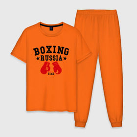 Мужская пижама хлопок с принтом Boxing Russia time , 100% хлопок | брюки и футболка прямого кроя, без карманов, на брюках мягкая резинка на поясе и по низу штанин
 | boxing | boxing russia time | kickboxing | mix fight | бокс | боксер | кик бокс | кикбокс