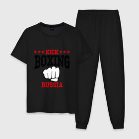 Мужская пижама хлопок с принтом Kickboxing Russia , 100% хлопок | брюки и футболка прямого кроя, без карманов, на брюках мягкая резинка на поясе и по низу штанин
 | кикбоксинг