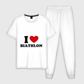 Мужская пижама хлопок с принтом Я люблю Биатлон — I love Biathlon , 100% хлопок | брюки и футболка прямого кроя, без карманов, на брюках мягкая резинка на поясе и по низу штанин
 | биатлон | биатлонисты | я люблю