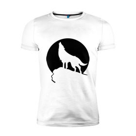 Мужская футболка премиум с принтом Волк на фоне Луны , 92% хлопок, 8% лайкра | приталенный силуэт, круглый вырез ворота, длина до линии бедра, короткий рукав | волк | животные | луна | утес | хищник