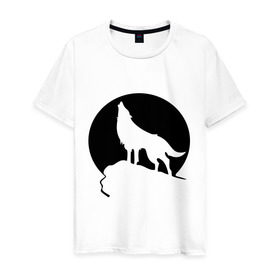 Мужская футболка хлопок с принтом Волк на фоне Луны , 100% хлопок | прямой крой, круглый вырез горловины, длина до линии бедер, слегка спущенное плечо. | волк | животные | луна | утес | хищник