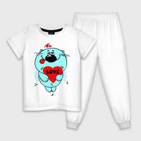Детская пижама хлопок с принтом Kotik , 100% хлопок |  брюки и футболка прямого кроя, без карманов, на брюках мягкая резинка на поясе и по низу штанин
 | love | кот | котик | любовь | мило | сердце