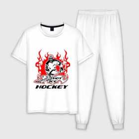 Мужская пижама хлопок с принтом Жаркий лёд хоккея , 100% хлопок | брюки и футболка прямого кроя, без карманов, на брюках мягкая резинка на поясе и по низу штанин
 | ice hockey | жаркий дед | огонь | пламя | хоккеист | хоккей | шайба