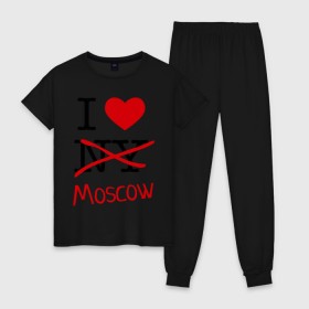 Женская пижама хлопок с принтом I love Moscow (2) , 100% хлопок | брюки и футболка прямого кроя, без карманов, на брюках мягкая резинка на поясе и по низу штанин | i love | i love moscow | i love new york | moscow | new york | москва | нью йорк | столица | я люблю москву | я люблю нью йорк