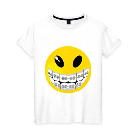 Женская футболка хлопок с принтом Смайл с брекетами , 100% хлопок | прямой крой, круглый вырез горловины, длина до линии бедер, слегка спущенное плечо | smile | брекеты | зубы | смайл | смайлик | улыбка