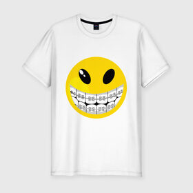Мужская футболка премиум с принтом Смайл с брекетами , 92% хлопок, 8% лайкра | приталенный силуэт, круглый вырез ворота, длина до линии бедра, короткий рукав | Тематика изображения на принте: smile | брекеты | зубы | смайл | смайлик | улыбка