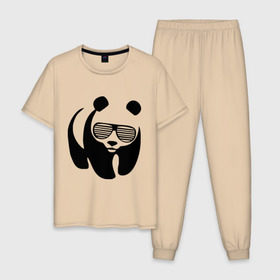 Мужская пижама хлопок с принтом Панда в очках жалюзи , 100% хлопок | брюки и футболка прямого кроя, без карманов, на брюках мягкая резинка на поясе и по низу штанин
 | панда