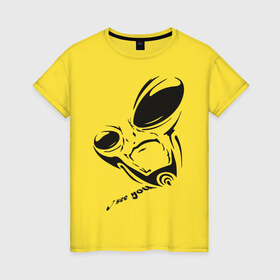 Женская футболка хлопок с принтом Alien I see you , 100% хлопок | прямой крой, круглый вырез горловины, длина до линии бедер, слегка спущенное плечо | Тематика изображения на принте: alien | i see you | гуманоиды | инопланетянин | летающая тарелка | нло | пришельцы | я тебя вижу