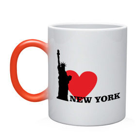 Кружка хамелеон с принтом I love New York (NY Freedom) , керамика | меняет цвет при нагревании, емкость 330 мл | america | cша | i love ny | new york | usa | америка | нью йорк | статуя свободы