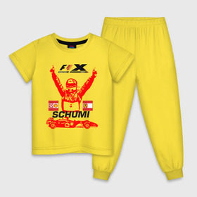 Детская пижама хлопок с принтом F1 X Schumaher , 100% хлопок |  брюки и футболка прямого кроя, без карманов, на брюках мягкая резинка на поясе и по низу штанин
 | формула 1