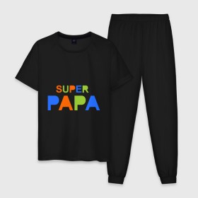 Мужская пижама хлопок с принтом Super papa , 100% хлопок | брюки и футболка прямого кроя, без карманов, на брюках мягкая резинка на поясе и по низу штанин
 | Тематика изображения на принте: super papa | отец | папа | подарок папе | супер папа